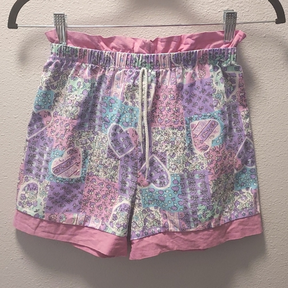 Vintage 90's Silver Unicorn Pink Purple Floral Hearts Patchwork Ruffle Shorts 10